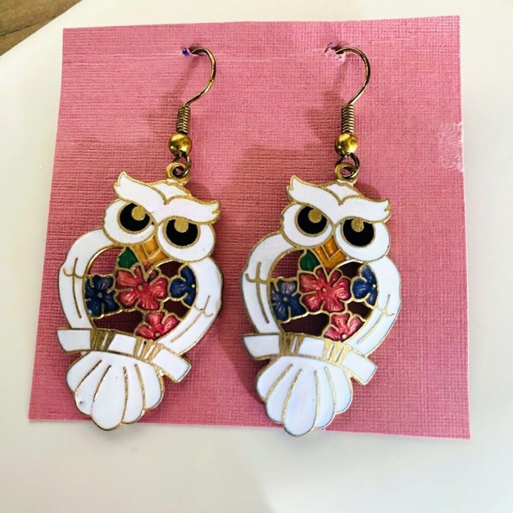 Vintage Stefano Cloisonné Enamel Owl Dangle Earrings Colorful Florals, Gold - Picture 4 of 7